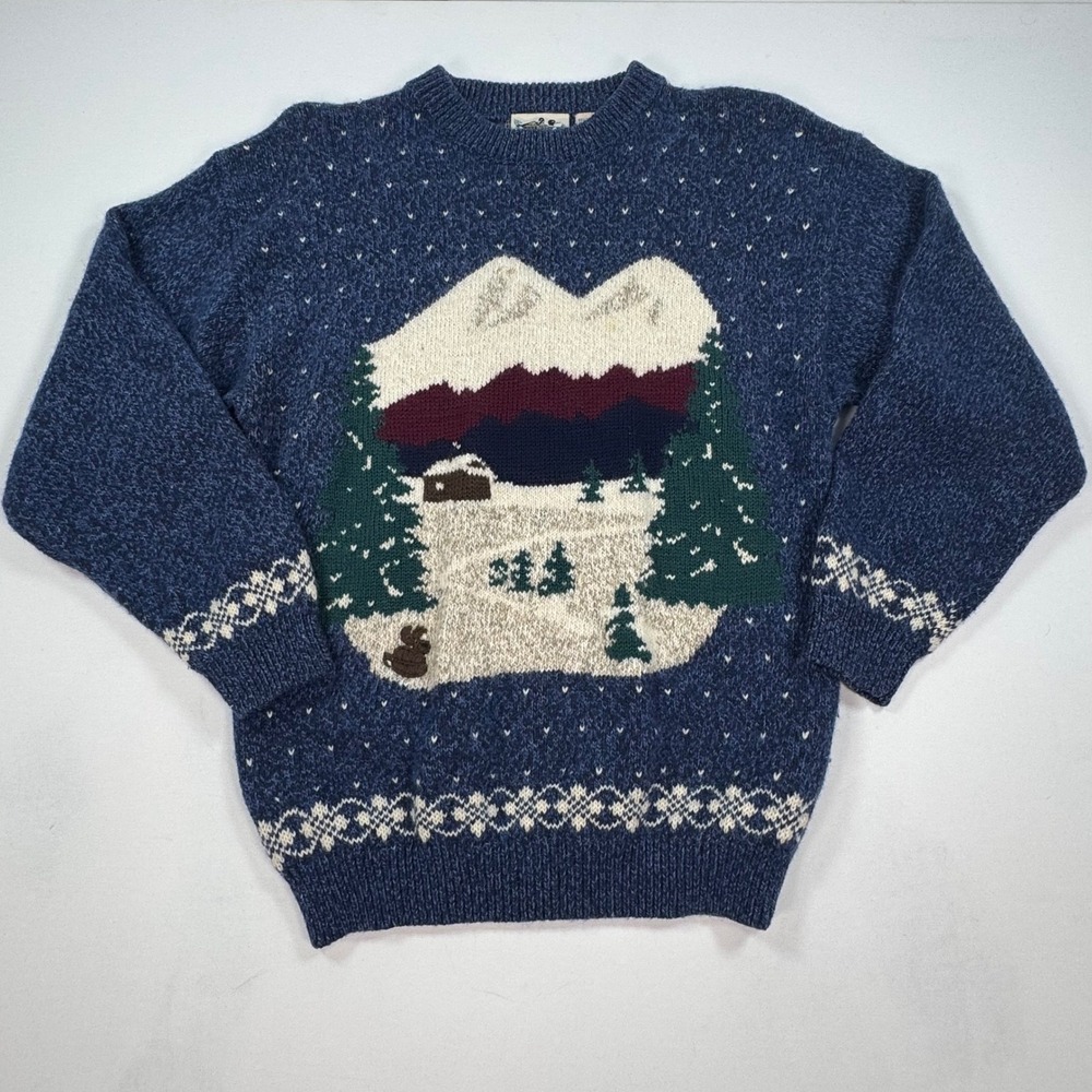 Vintage Northern Reflections Cabin Mountain Scene Wool Blend Sweater Blue Small